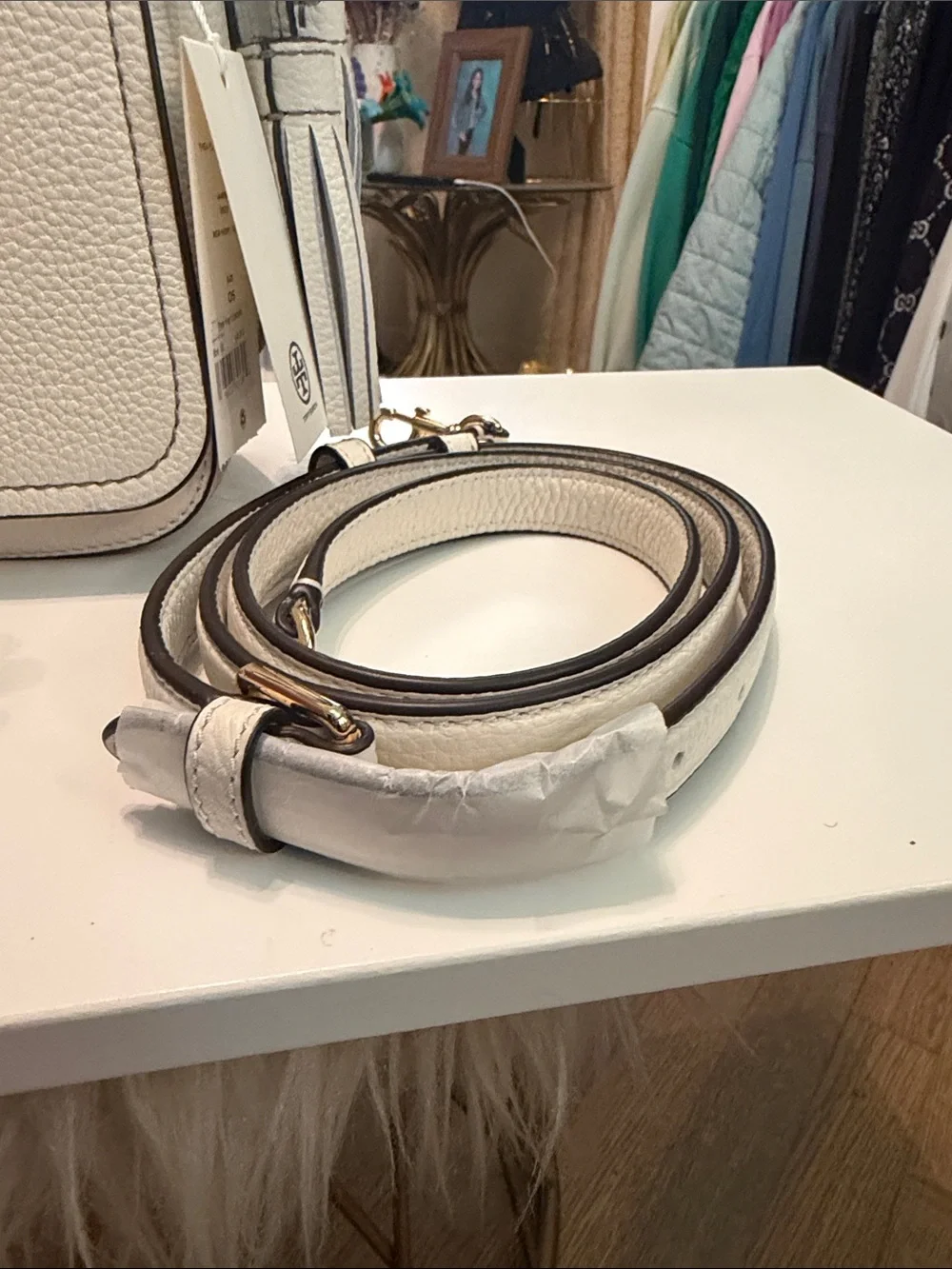 Tory Burch Thea Flap Pebbled Leather Cream Crossbody with Tassel